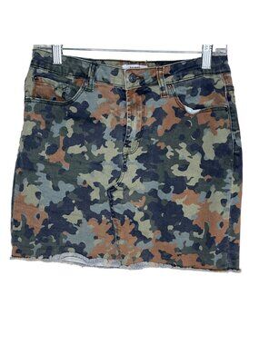 Kensie Womens 6 28 Camo Denim Mini Skirt Raw Hem Green Tan Casual